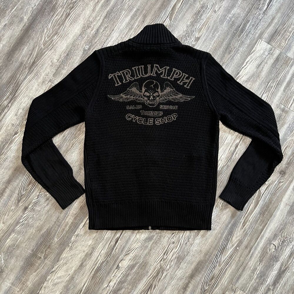 Lucky Brand “Triumph Motorcycles” Black Full Zip Knit Sweater Men’s S